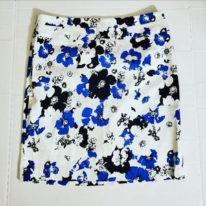 Donna Ricco White Blue Black Floral Print Skirt 10